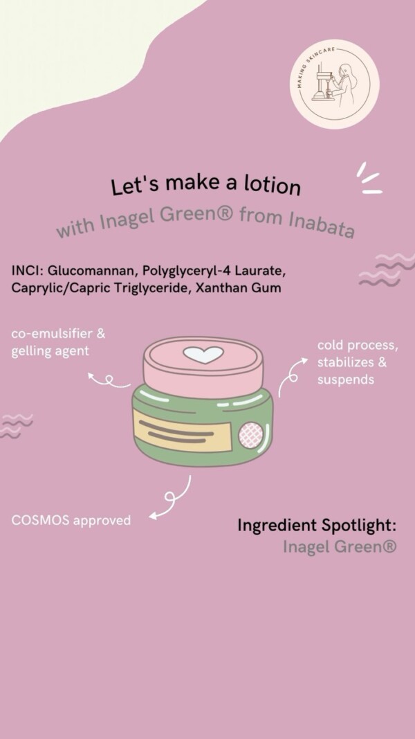 Let’s make a cold process lotion with Inagel Green from Inabata, a blend of natural gelling agents, an emulsifier and emollient. Let’s see what 1.5% can do!